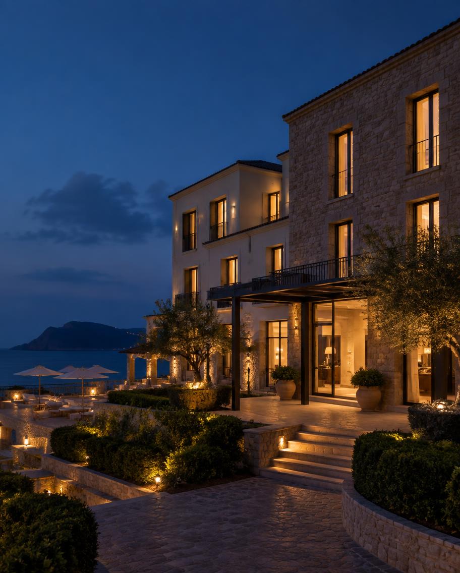 Independent hotel illuminated at dusk